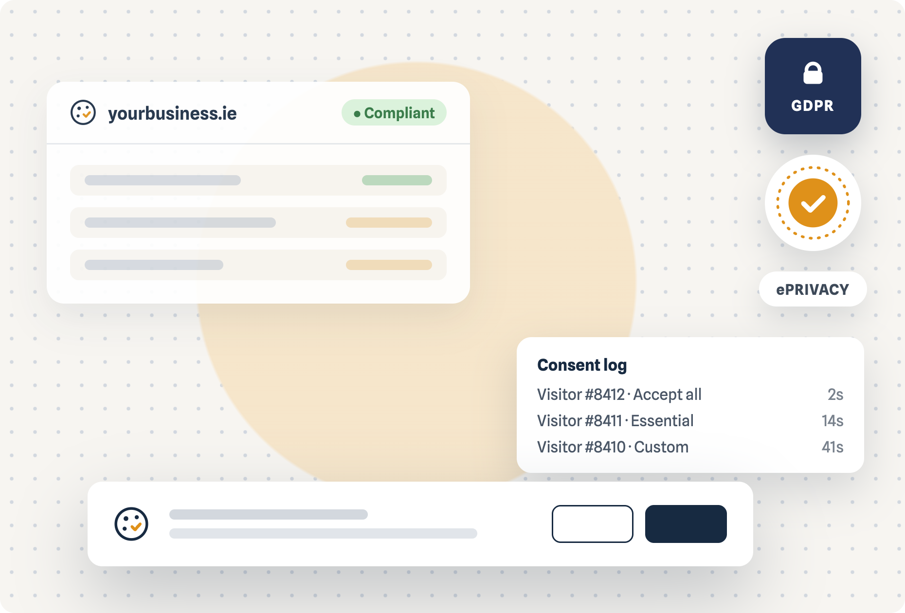 Illustration: a small business site marked compliant, a consent log of visitors' choices, a GDPR badge, and the consent banner with its two equal buttons.